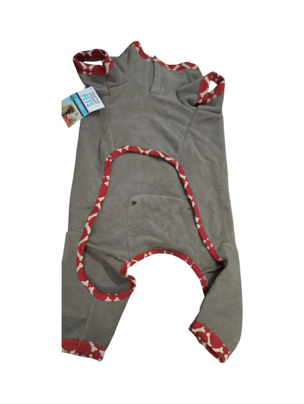 Martha Stewart Gray Brown Dog Onesie with Red Patterned Trim Fleece Cozy Size L